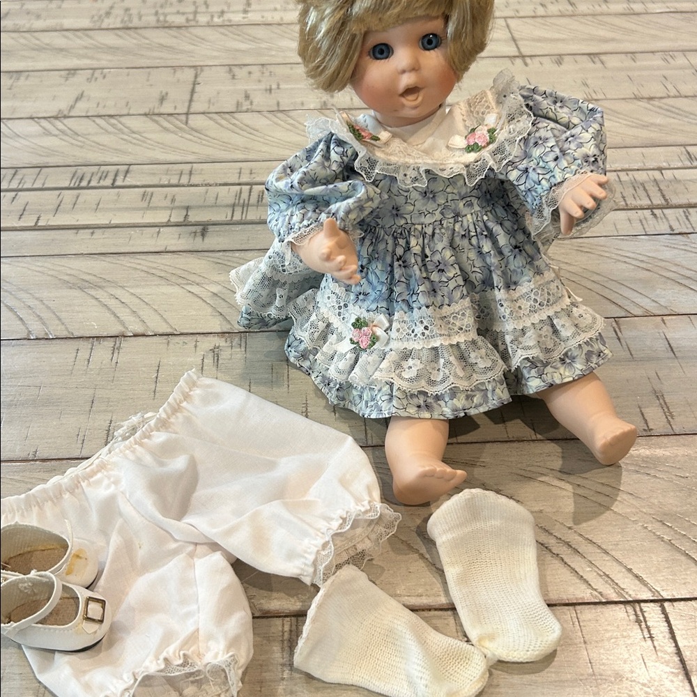 Collectible Porcelain Blonde Doll with Music Box  Lace Trimmed Dress & Bloomers - Picture 3 of 13